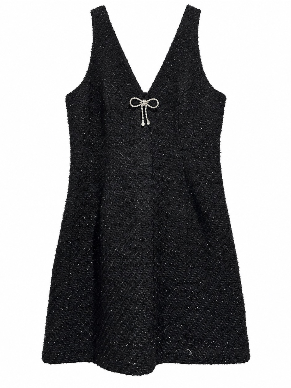 Adrianna Papell Black Metallic Bouclé Mini Dress with Crystal Bow | Size 10